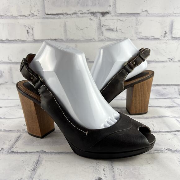 Fossil Shoes - Fossil Pumps Women’s 9.5 Leather Open Peep Toe Slingback Block Heels Brown